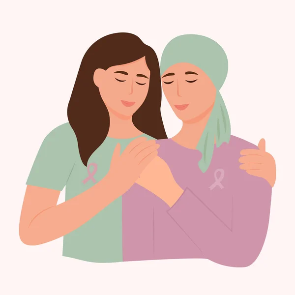 腫瘍疾患と闘う女性への支援と連帯 女は病人の友人を抱きしめる ベクターイラスト — ストックベクタ