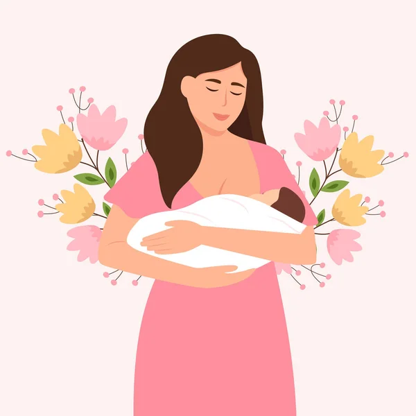Frau Füttert Ein Baby Mit Der Brust Muttertag Stillkonzept Weltstillwoche — Stockvektor