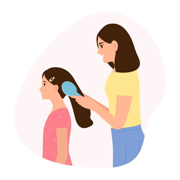 Mother Brushing Her Daughter Hair Happy Childhood Motherhood Parental Love — Stock Vector