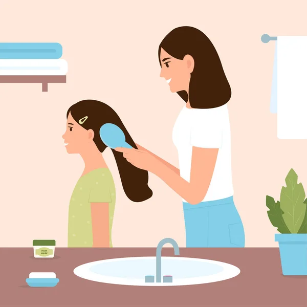 Smiling Mom Combing Her Little Daughter Hair Brush Bathroom Woman — Stock Vector