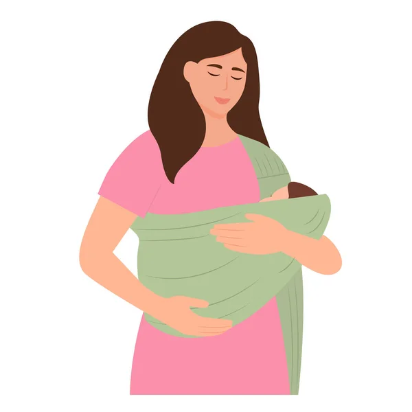 Mãe Segura Bebé Com Uma Funda Mulher Carregando Seu Filho — Vetor de Stock