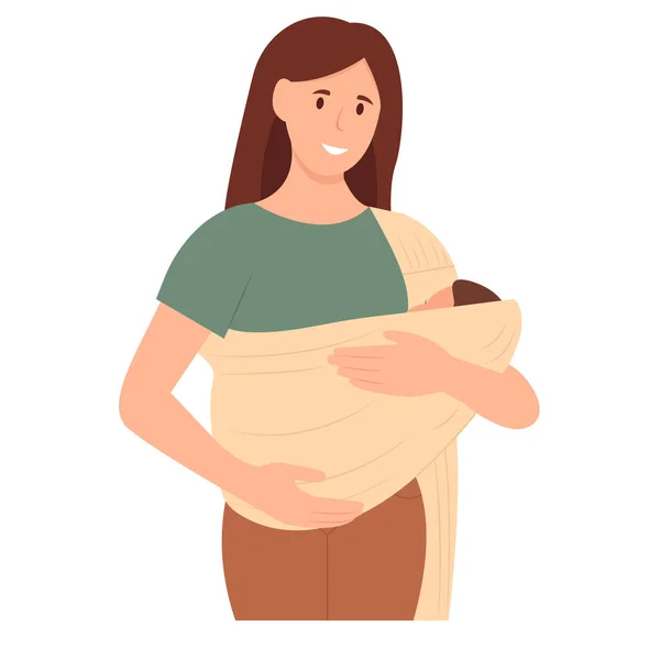 Smiling Woman Holds Her Baby Cloth Carrier Mother Hugging Child — Stock Vector