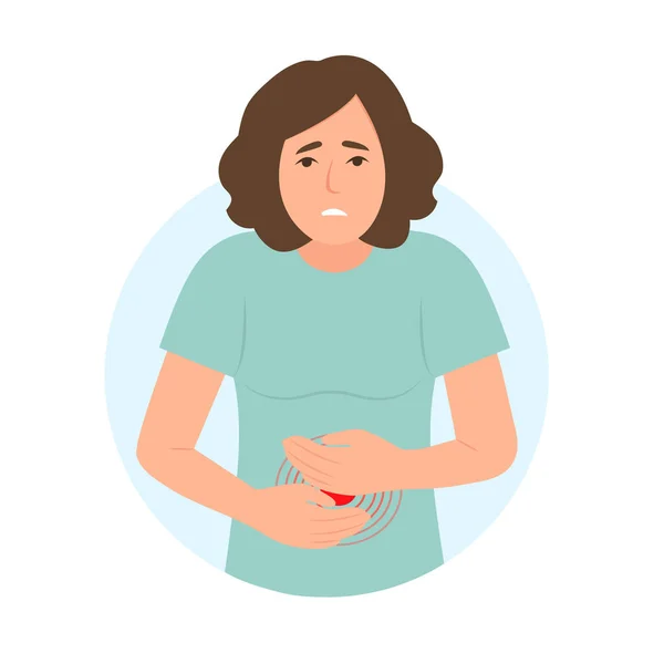肚子痛的女人摸肚子痛 腹部疼痛 阑尾炎 食物中毒 矢量说明 — 图库矢量图片