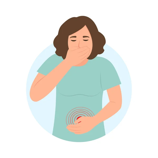 患有呕吐和闭口的妇女 疾病的症状 健康问题 腹部疼痛 孤立的平面矢量插图 — 图库矢量图片