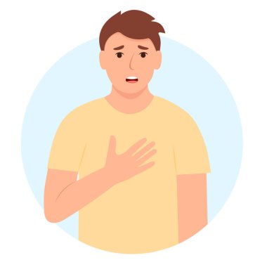 Zor nefes alan ve nefes darlığı çeken genç bir adam. Solunum problemi, astım, solunum hastalığı. Vektör illüstrasyonu