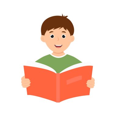 Gülümseyen sevimli çocuk açık bir kitap tutuyor. Mutlu çocuk kitap okuyor. Vektör çizimi izole edildi
