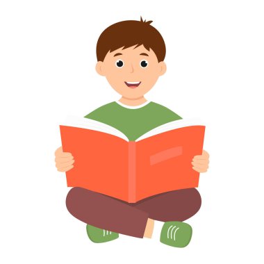 Mutlu şirin çocuk açık bir kitap tutuyor. Kitap okuyan gülümseyen kız. Vektör çizimi izole edildi