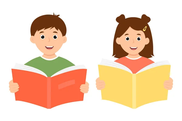 Sorrindo Crianças Bonitos Segurando Livro Aberto Crianças Felizes Lendo Livro — Vetor de Stock