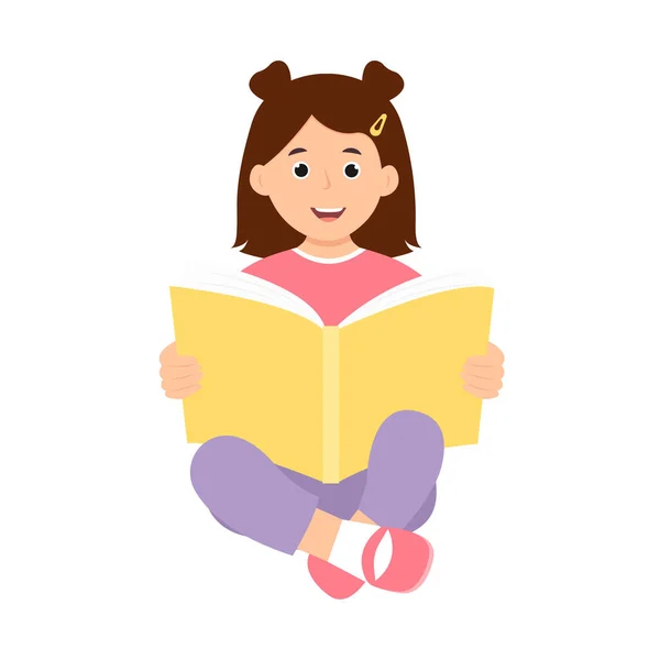 Szczęśliwy Słodki Dzieciak Otwartą Księgą Uśmiechnięta Dziewczyna Czytająca Książkę Ilustracja — Wektor stockowy
