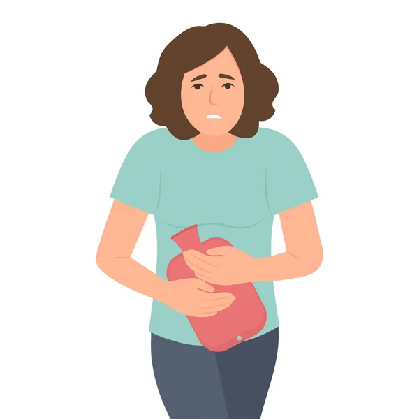 Mulher Que Sofre Dor Menstrual Períodos Dolorosos Cólica Abdômen Inflamação — Vetor de Stock