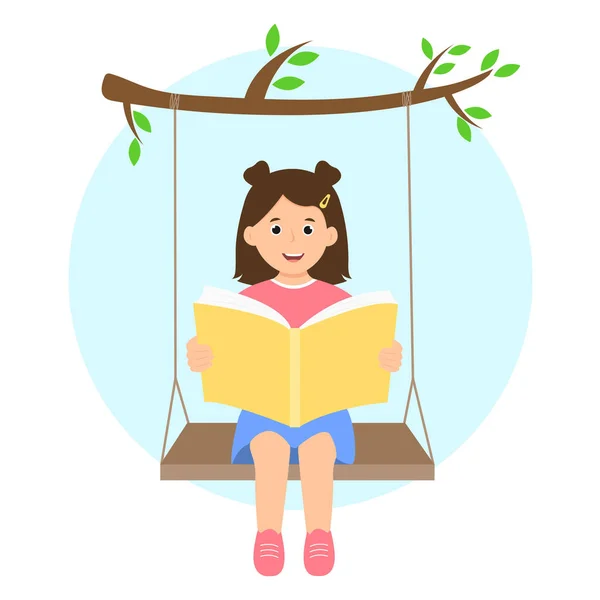 Cute Kid Reading Book Sentado Swing Tiempo Libre Relajarse Hobby — Vector de stock