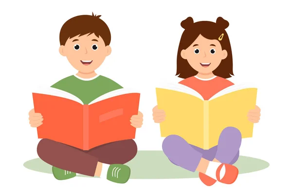 Usmívající Roztomilé Děti Držící Otevřenou Knihu Šťastné Děti Čtou Knížku Vektorová Grafika