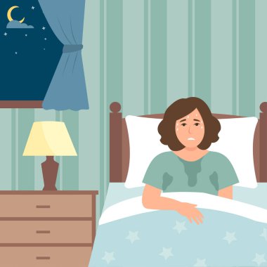 Geceleri terleyen ya da sıcak basan bir kadın. Menopoz ya da hastalık belirtileri. Düz vektör illüstrasyonu..