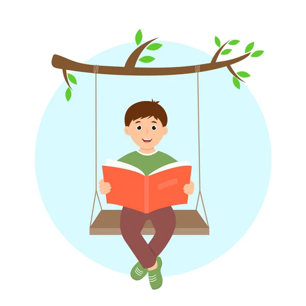 Cute Kid Reading Book Sitting Swing Tempo Livre Relax Hobby — Vetor de Stock