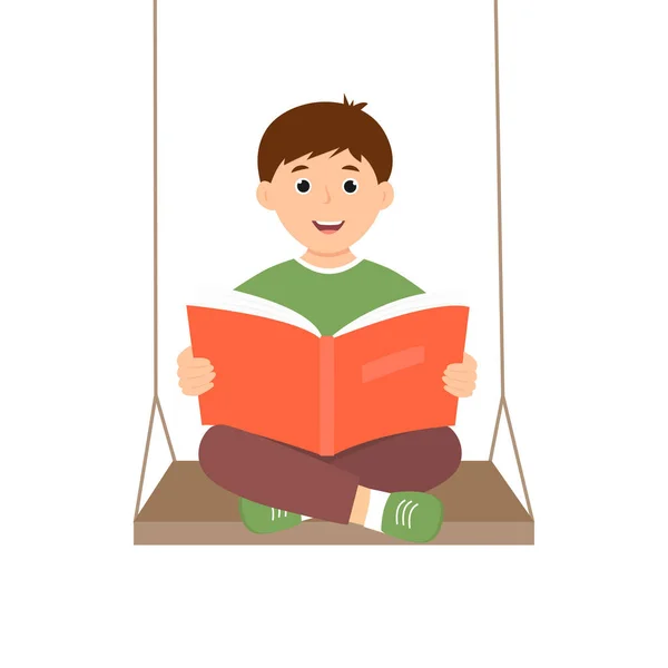 Salıncakta Sallanırken Kitap Okuyan Gülümseyen Çocuk Çocuk Okuyucu Edebiyattan Hoşlanıyor — Stok Vektör