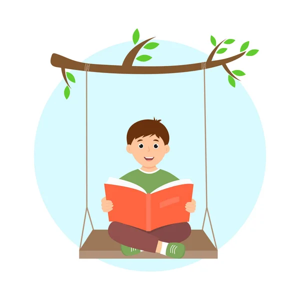 Cute Kid Reading Book Sitting Swing Tempo Livre Relax Hobby — Vetor de Stock