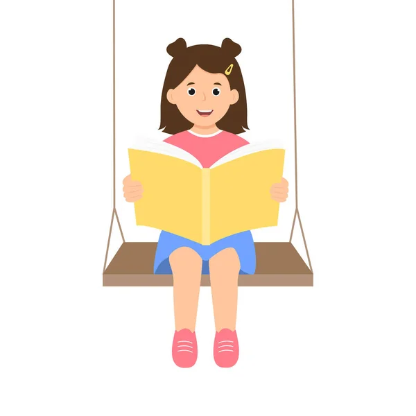 Gelukkige Jongen Die Boek Leest Terwijl Hij Schommel Zit Kinderlezer — Stockvector