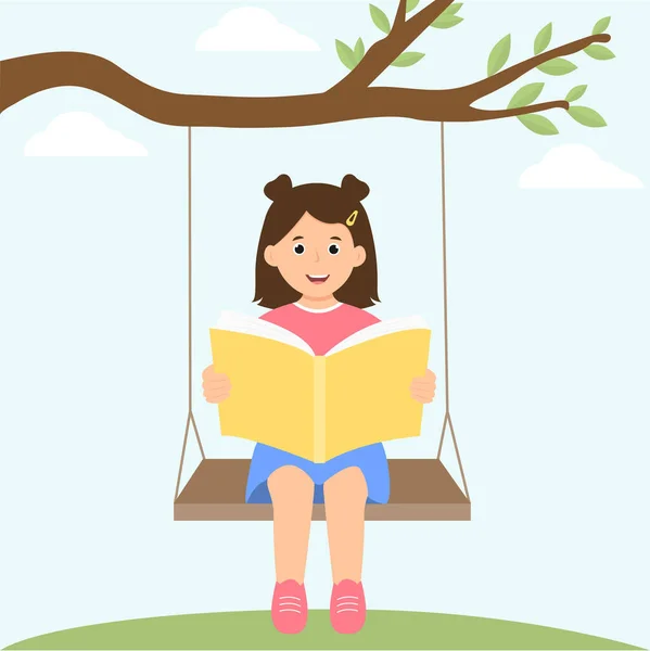 Criança Feliz Lendo Livro Enquanto Sentado Balanço Leitor Infantil Curtindo — Vetor de Stock