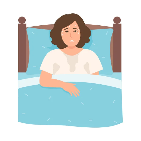 Mujer Que Sufre Sudores Nocturnos Sofocos Menopausia Síntomas Enfermedad Ilustración — Vector de stock