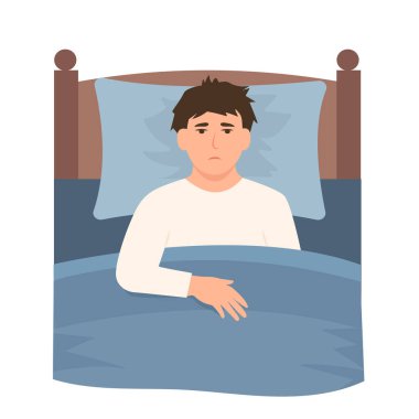 Uykusuzluk çeken bir adam. Karanlıkta gözleri açık yatakta yatan bir adam. Gece geç saatlerde uyku bozukluğu, uykusuz ve yorgunluk, hastalık, depresyon etkisi. Düz vektör illüstrasyonu