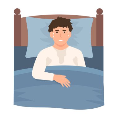 Uykusuzluk çeken bir adam. Karanlıkta gözleri açık yatakta yatan bir adam. Gece geç saatlerde uyku bozukluğu, uykusuz ve yorgunluk, hastalık, depresyon etkisi. Düz vektör illüstrasyonu