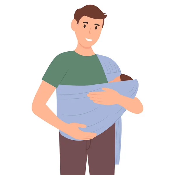 Homme Souriant Tient Son Bébé Dans Porte Draps Père Serrant — Image vectorielle