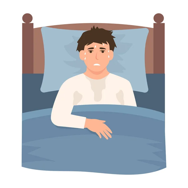 Uykusuzluk Çeken Bir Adam Karanlıkta Gözleri Açık Yatakta Yatan Bir — Stok Vektör