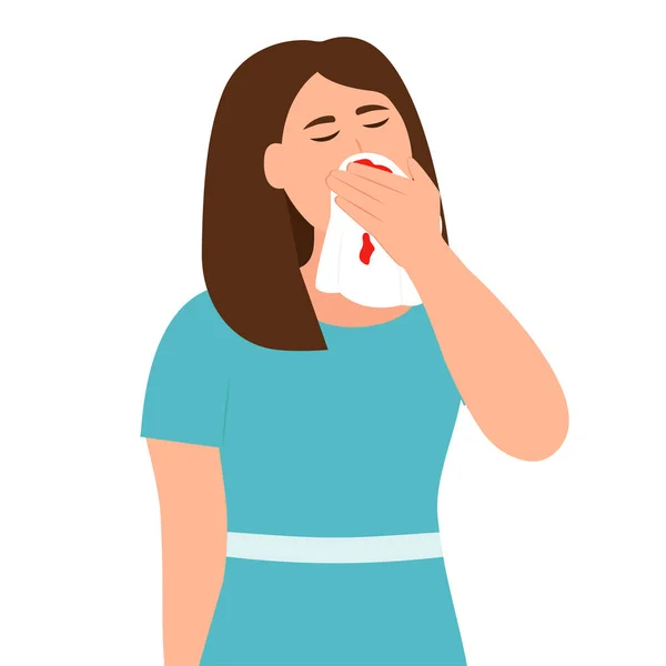 Žena Držící Kapesník Nebo Kapesník Utírající Krev Nosu Symptom Krvácení — Stockový vektor