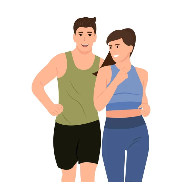 快乐的男人和女人一起跑到户外 体育活动 健康的生活方式平面矢量卡通画 — 图库矢量图片