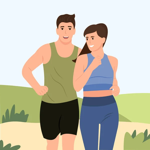幸せな男と女が一緒に屋外を走っています スポーツ活動健康的なライフスタイル フラットベクトル漫画イラスト — ストックベクタ