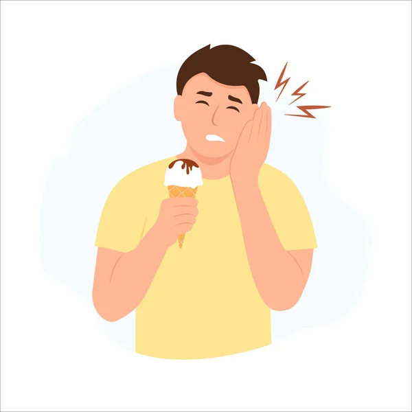 有敏感牙齿的人男孩吃冰激淋华夫饼时牙疼 问题概念矢量图解 — 图库矢量图片