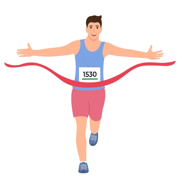 Άνθρωπος Περνάει Γραμμή Τερματισμού Επαγγελματίας Αθλητής Νικητής Τρέχει Αγώνα Εικονογράφηση — Διανυσματικό Αρχείο