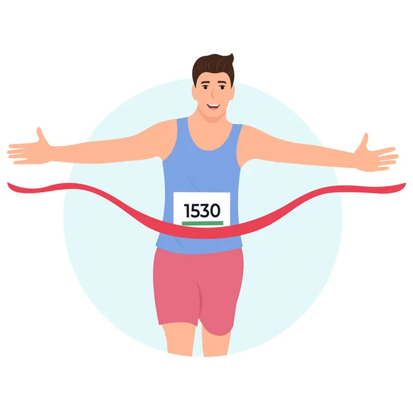 Happy Man Διασχίζουν Γραμμή Τερματισμού Επαγγελματίας Αθλητής Νικητής Τρέχει Αγώνα — Διανυσματικό Αρχείο