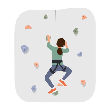 Kadın tırmanma duvarına tırmanıyor. Kaya duvarına tırmanma konusunda ip eğitimi almış bir bayan sporcu. Macera parkı. Vektör illüstrasyonu