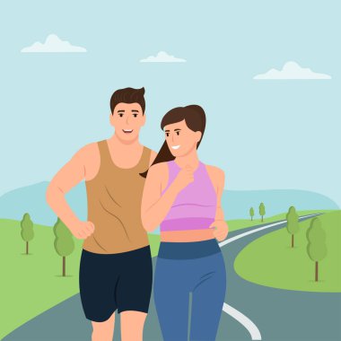Mutlu adam ve kadın birlikte dışarı koşuyorlar. Spor aktivitesi, sağlıklı yaşam tarzı. Düz vektör karikatür çizimi .
