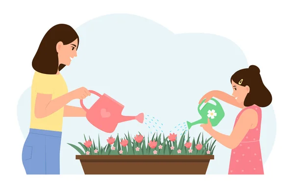 Anne Kızı Çiçekleri Suluyor Bitkisi Bakımı Hobisi Işleri Aile Bakımı Telifsiz Stok Vektörler