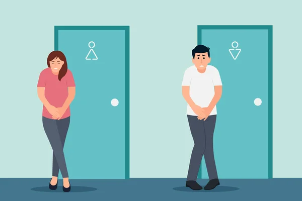 Stresli Adam Kadın Kapalı Tuvalet Kapısında Dikilip Işemek Istiyorlar Mesanesi — Stok Vektör