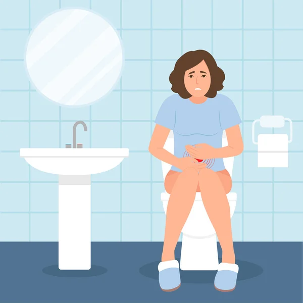 Mujer Sentada Baño Sufriendo Dolor Estómago Diarrea Estreñimiento Problema Digestivo — Vector de stock