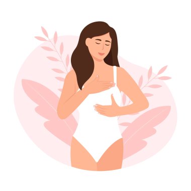 Göğüs kanserini önlemek ve desteklemek için göğüslerini kontrol eden bir kadın. Göğüs muayenesi konsept vektör çizimi 