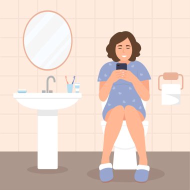 Elinde akıllı telefonuyla klozetin üzerinde oturan bir kız. Sosyal medya bağımlılığı. Banyo iç tasarımı çok şık. Vektör illüstrasyonu.