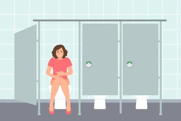 Mulher Senta Vaso Sanitário Banheiro Público Ilustração Vetorial —  Vetores de Stock