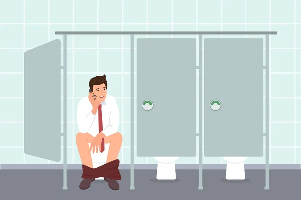 Man Sitter Och Använder Smarta Prylar Toaletten Ung Affärsman Besöker — Stock vektor