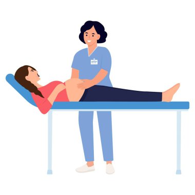 Müstakbel anneyi muayene eden ebe ve check-up yaptırmaktan memnun. Jinekolog, kadın doğum uzmanı, koltukta yatan hamile bir hastanın karnına dokunuyor. Annelik ve sağlık sigortası kavramı. Vektör illüstrasyonu