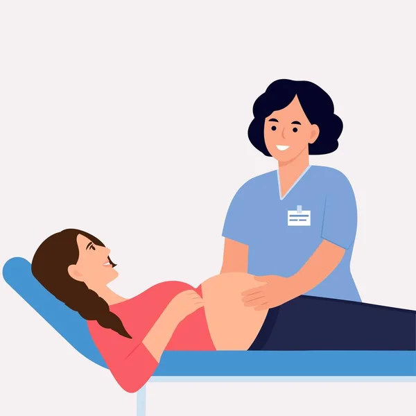 Schwangere Frau Besucht Ärztin Krankenhaus Gynäkologe Geburtshelfer Berühren Bauch Der — Stockvektor