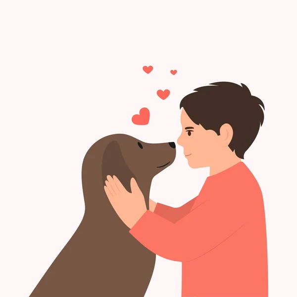 Boy Hugging Dog Happy Kid Puppy Friendship Boy Pet Vector — Stock Vector