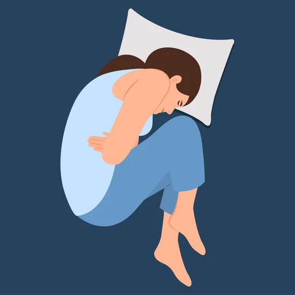 Mutsuz Yalnız Kadın Yatağa Uzanıyor Depresyon Hayal Kırıklığı Üzüntü Hastalıklar — Stok Vektör