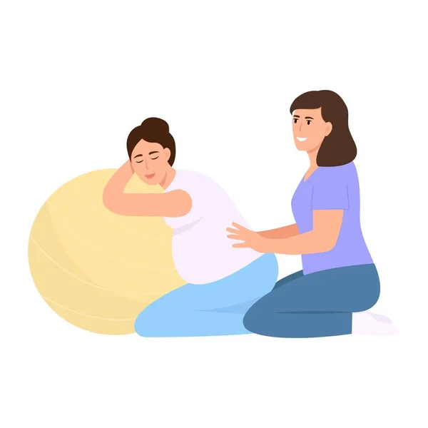 Hamile kadın doğum için partneriyle ya da doğum koçuyla hazırlanıyor. Doula hamile kadını destekliyor. Vektör illüstrasyon düz tasarım
