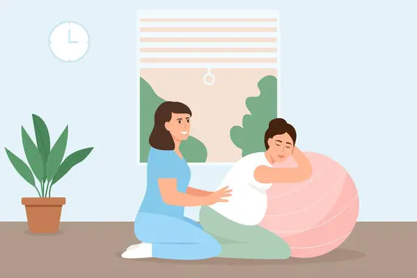 Hamile Kadın Doğum Için Partneriyle Doğum Koçuyla Hazırlanıyor Doğum Sancıları Telifsiz Stok Vektörler