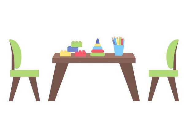 Çocuk Mobilyası Sandalyeler Masa Renkli Kalemler Oyuncaklar Dizayn Elementi Vektör Vektör Grafikler