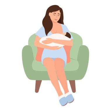 Koltukta oturan ve yeni doğmuş bir bebeği besleyen kadın. Koltukta yastıkla emzirme pozisyonu. Emzirme haftası, anneler günü, doğal beslenme vektörü çizimi izole edilmiş.